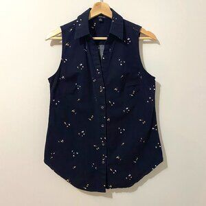 Ann Taylor Sleeveless Collared Shirt Top Vest in Black Floral Print Cotton